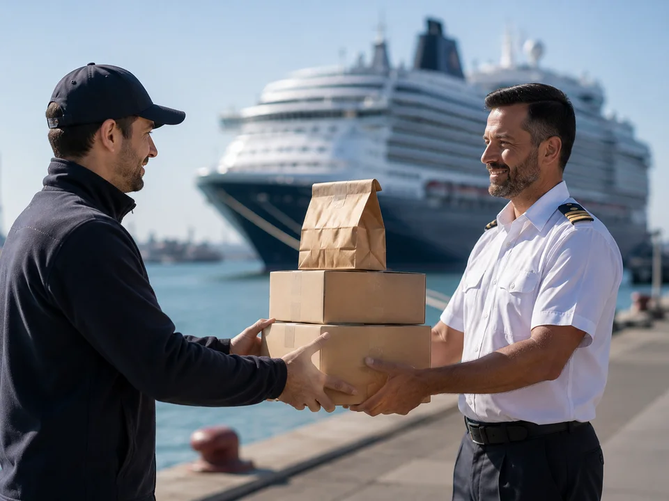 Handing a delivery to a crew member at the ship’s gangway