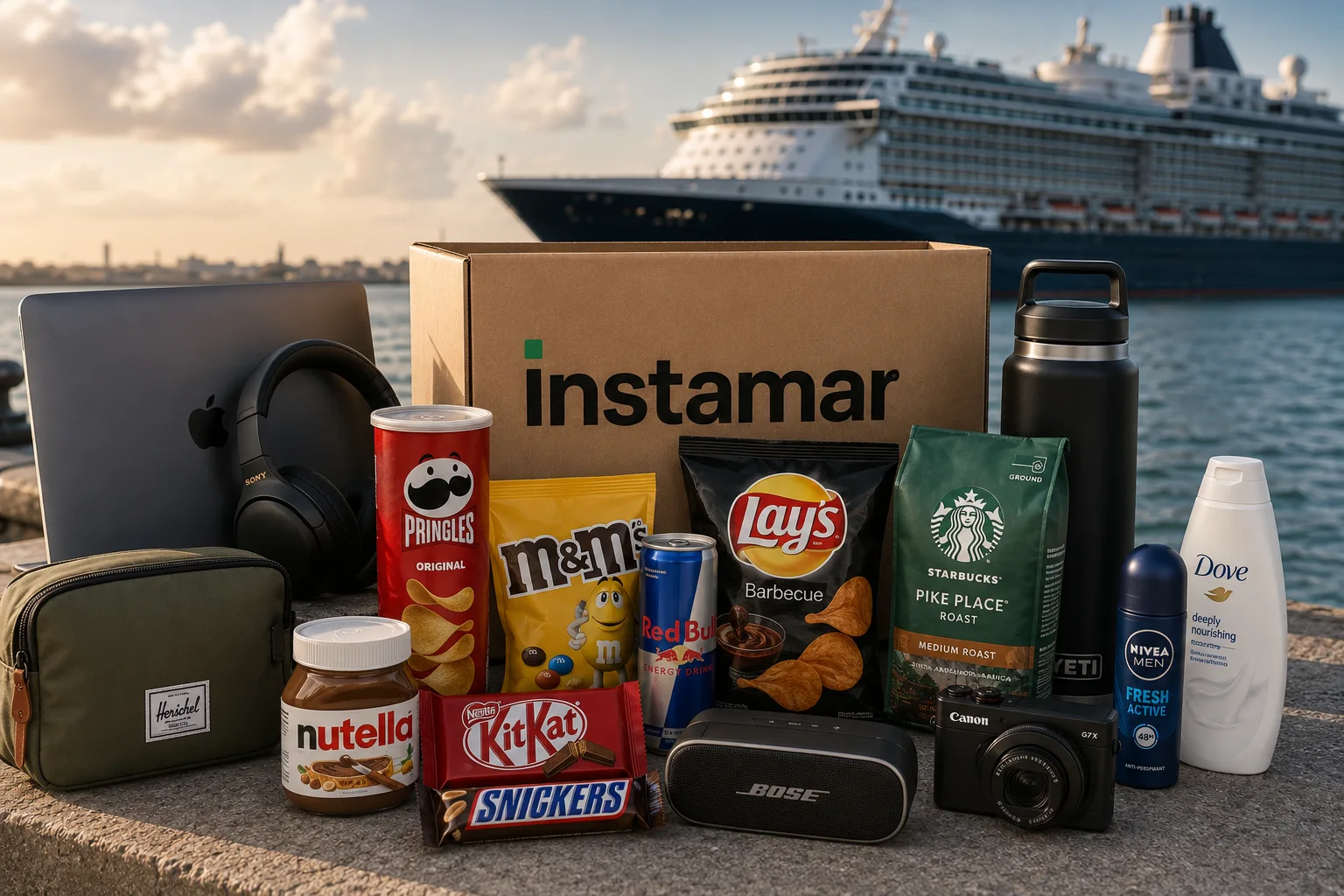 Electronics, provisions and supplies ready for delivery in port, with a container ship in the background