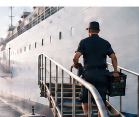 Crew member climbing the accommodation ladder of a berthed ship
